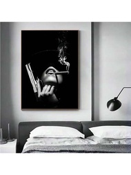 1個現代無框流行藝術印花畫布油畫牆藝術海報,黑色吸煙女性圖案,適用於客廳家居裝飾