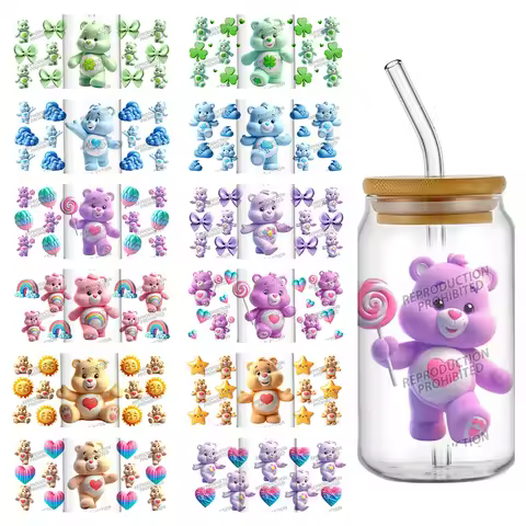 20 Designs Cute Cartoon Rainbow Candy Bear 16oz UV DTF 3D Phone Sticker Decals Wraps Glass Can Cups 