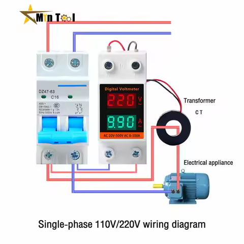 Din Rail LCD Dual Digital AC Voltmeter Ammeter AC220V 380V Meter AC60-500V AC0.00-99.9A Amp Monitor 