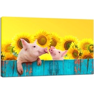 iKNOW FOTO Canvas Prints Funny Pig Hanging on a Fence Wall Art Animal Painting Sunflower Photos with