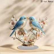 2D Acrylic Heart-Shaped Desktop Decoration, With Light Blue Bird And Flower Pattern - Romantic Spotl