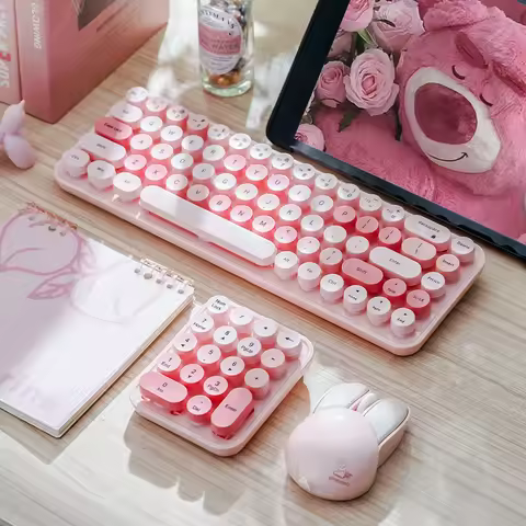 MOFii 1 Set Pink Wireless Keyboard & Mouse Combo, Cute Round Keycaps for Girls, Plug and Play, US QW