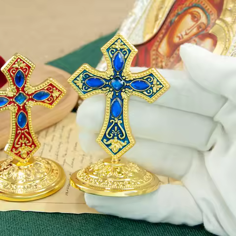 HTISOK Orthodox Church Cross Gold Plated Enamel Orthodox Cross With Rhinestone Christian Religious O