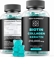 New Elements Biotin Gummies with Keratin &amp; Collagen Peptides - Advanced Supplement for Hair Growth Treatment for Men &amp; Women Hair Skin and Nails Vitamins – Biotin 10000mcg | Keratin 100000mcg | Collagen 100000mcg