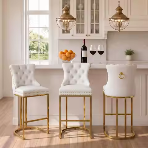 Counter Height Bar Stools Set of 3, 26 Modern Barstools with Back, Frbric Upholstery Counter Chairs 