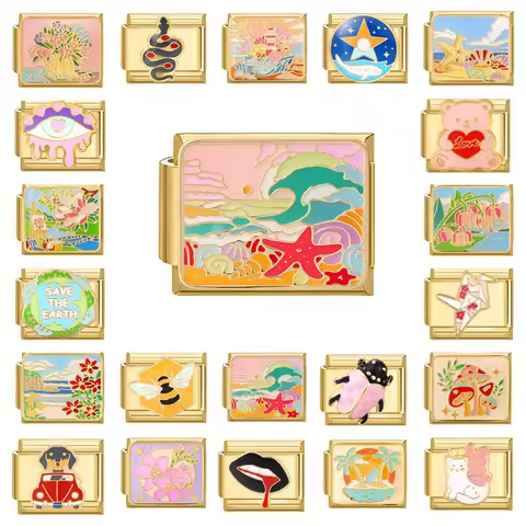 Y2K Gold Color High Quality DIY Flowers Italian Charm Bracelet Mountain Cute Cat Ocean Bead 9mm Brac