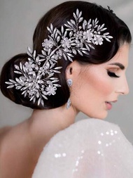 銀色鑽石女士髮箍花朵髮飾，由合金製成，適用於婚禮、派對和跳舞