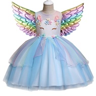 Xie Free Wings 3-10 Kids Rainbow Unicorn Dress + Wings 2 Pcs Floral A-Line Princess Party Costume Se
