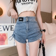 ✨EMO✨High-waisted denim shorts a-line pants side folds strappy wide-leg shorts