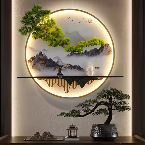 Modern Wall Picture with Lamp LED Indoor Chinese Green Landscape Creative 3D Picture Lamp for Home L