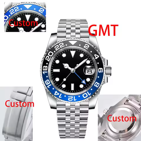 40MM Custom Logo New Men Quart Wristwatch Jubilee Stainless Quartz GMT Watch Sapphire Glass Men Watc