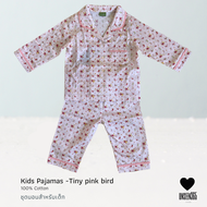 ชุดนอนเด็กหญิง ผ้าคอทตอนเนื้อดี ลายนกสีชมพู Girl Pyjamas 100% Cotton -Tiny birds KID-10 -จิม ทอมป์สั