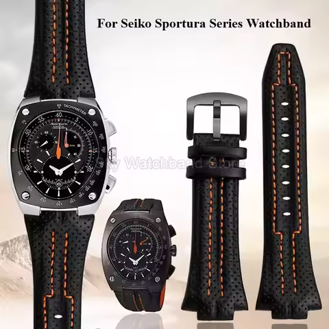 For Seiko Sportura Series Original Black Orange Line Genuine Leather Watch Strap 15x27mm SNL021P1 SN