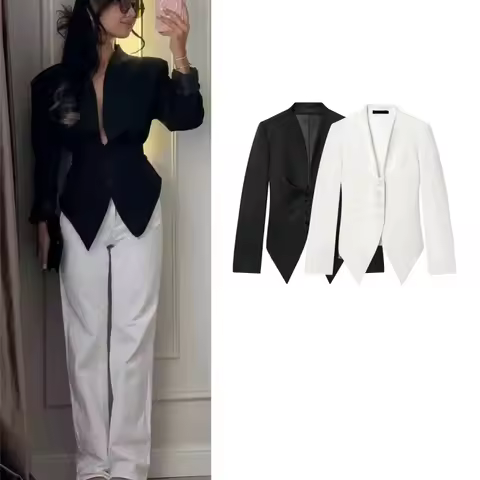 Spring New Women's Slim Fit Style Simple Deep V Neck Long Sleeve Asymmetric Hemline Small Suit Jacke