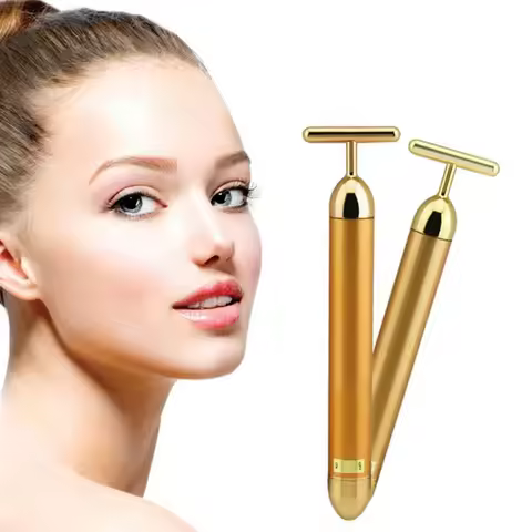 T-Shape Facial Massager Vibrating Beauty Bar 24K Electric Face Slimming Rod Golden Stick Tightening 