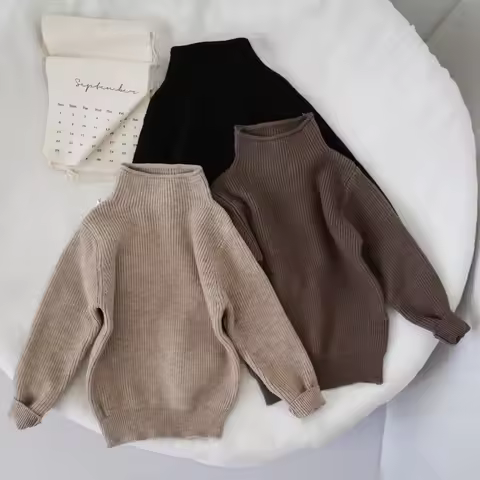 2025 Autumn Children Sweater Turtleneck Solid Color Boys Knit Pullover 1-9Y Baby Girls Warm Base Swe