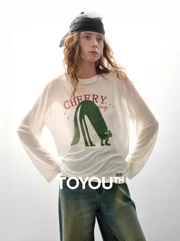 TOYOUTH Women Lyocell Wool Cover-Up 2026 Spring New Art Collaboration Fun AC Cardigan T-Shirt