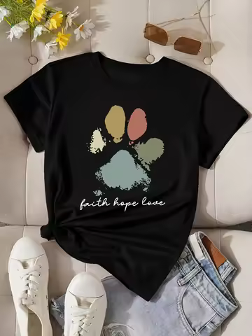 Faith Hope Love Paw Print Women's Tee - Boho Pet Graphic, Casual Dog Lover Top