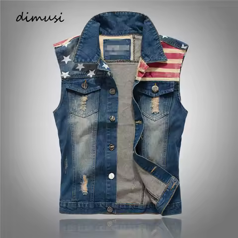 DIMUSI Brand Mens Denim Vest Men Cowboy Ripped Sleeveless Vintage Jacket Tank Spring USA Flag washed