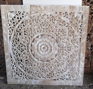 White wash Traditional Square mandala wood carving panel 90 x 90 cm wall art decor asian art Thai wo