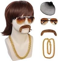 JoneTing 5 Pcs Disco Wig { 1 Gold Necklace + 1 Brown Beard +1 Glasses+1 Wig Cap} Dark Brown Short Wavy Wig for Men Synthetic Afro Wig for Party 70’s Costume Wig for Halloween Peluca Marrón Oscuro