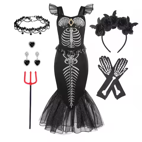 Horro Mermaid Skeleton Costume for Littler Girls Halloween Gothic Princess Trumpet Dress Black Ariel