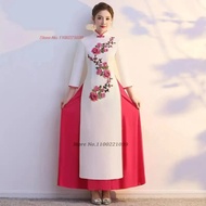 Women Vietnam Traditional Aodai Dress Flower Embroidery Evening Party Cheongsam