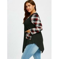 PLUS SIZE IRREGULAR LONG SLEEVE TARTAN T-SHIRT (BLACK) 4XL