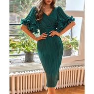 Elegant Ladies Temperament Flare Sleeve Dress, V-neck Party Mid-length Dresses, Dinner Party Dresses