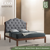 LASO Queen Size Bed Solid Wooden Fabric Velvet Queen Bed Frame Queen Size Bed Frame Katil Kayu Queen (BE WOOD)