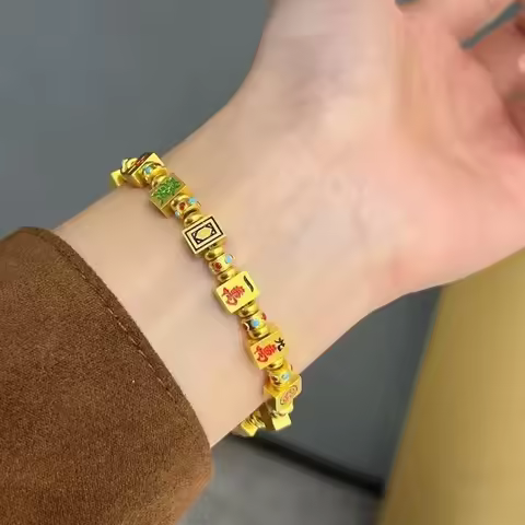 Light luxury new 24K real gold ancient enamel Mahjong bracelet au9999 pure gold fashion design sense
