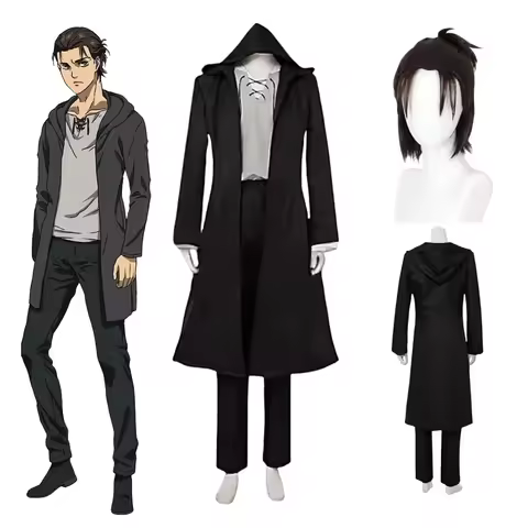 Eren Jaeger Cosplay Costume Anime Titan Costume Wig Cosplay Eren Yeager Black Hooded Trench T-shirt 