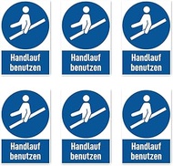 Stickers: 75 x 50 mm, Pack of 6 – Use Handrail – Mandatory Sign with Text (German) (Blue/White) – Ve