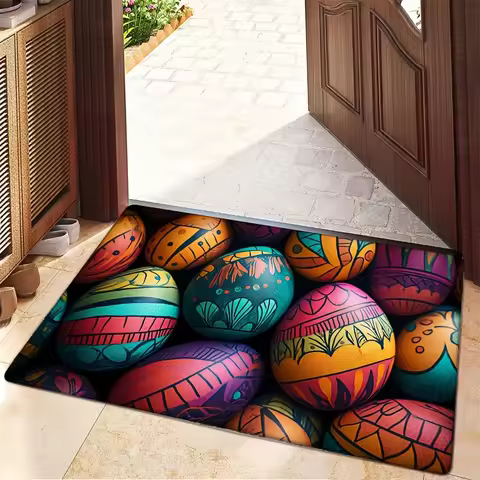 1pc Easter Egg Print Flannel Floor Mat - Vibrant Multicolor Egg Design, Machine Washable, Absorbent,