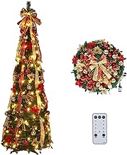 VINGLI 6ft Pre lit Pop Up Christmas Tree with Lights, Pre-Decorated Artificial Pencil Xmas Tree Collapsible Christmas Tree Holiday Party Decorations (Red&amp;Gold)