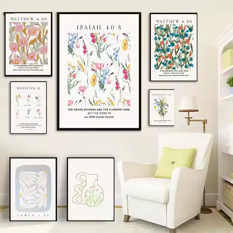 Isaiah Matthew Philippians Psalm Bible Verse Poster Floral Pattern Wall Art Canvas Painting Christia