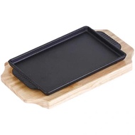 Cast Iron Japanese Grill Hot Plate Rectangular BBQ Sizzling Pan with Wooden Board