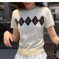 Korean Style Argyle Knit Top Women Cream Short Sleeve Round Neck Retro Preppy Top