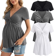 3 Pack V Neck Front Knotted Maternity Tops Short Sleeve Ruched Pregnancy Tunic Shirts Summer Casual 