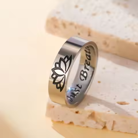 LIKGREAT Lotus Flower Ring for Women Men Just Breathe Rings Meditation Spiritual Yoga Stainless Stee