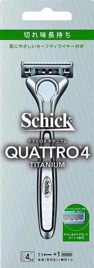 Schick 舒適 Quattro4 鈦金屬刮鬍刀握柄（附刀片）+ 替換刀片1入 4層刀片刮鬍刀 德國製替換刀片 附安全防護線