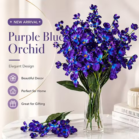 5Pcs 27 Inch Purple Blue Artificial Orchid Flowers for Wedding Bouquet, Home and Restaurant Decor