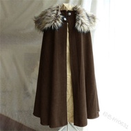 《427》Halloween Costume 3XL Mens Medieval Costume Cloak Winter Fur Collar Viking Cosplay Cape Coat Hi