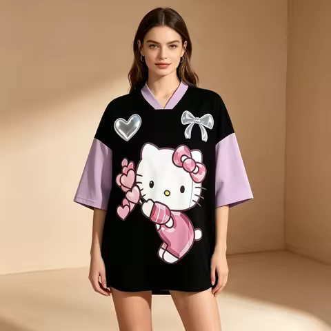 Cute Hello Kitty Women Baseball Jersey Oversized V Neck Color Block Short Sleeve Cartoon Casual Shir