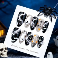 Halloween 3D Ghost Almond Nails - Dark Spider Web Gilt Manicure