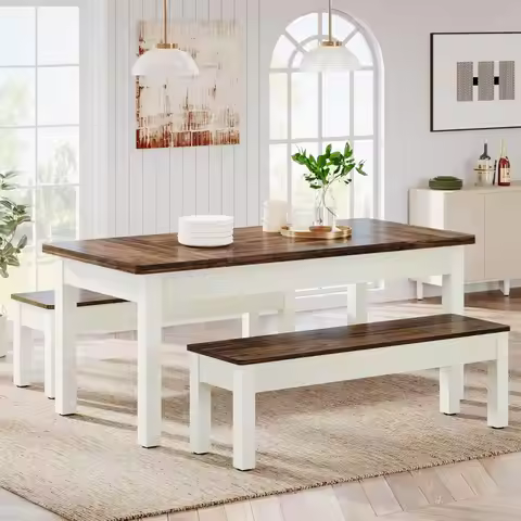 Dining Table with 2 Benches, Space Saving 3 Pieces Heavy Duty Dinette for Dining Room, Kitchen, Smal