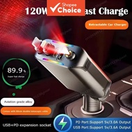 4-in-1 Retractable Fast Car Charger with Starlight on Auto Roof, 120W USB C Adapter, 2 USB Ports Car
