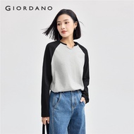 GIORDANO Women T-Shirts 100% Cotton U-Neck Smooth Soft Tee Contrasting Raglan Sleeve Simple Fashion