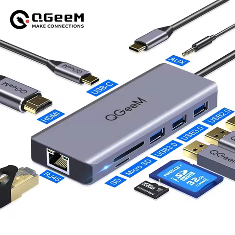 QGeeM USB C Hub for Macbook Pro Air HDMI VGA Micro SD Card Readers RJ45 Aux PD OTG Multi USB Hub Typ