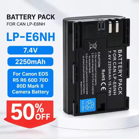 LP-E6NH 7.4V 2250mAh for Canon EOS R5 R6 60D 70D 80D Mark II Camera Battery Rechargeable Li-ion Digi